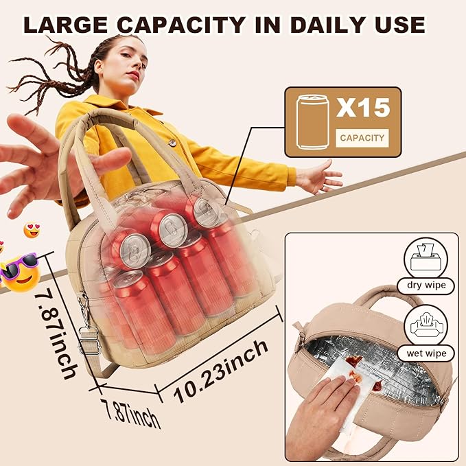 LEDAOU Lunch Box for Women Lunch bag Quilted Puffer Lunch Box with Adjustable Strap Insulated Reusable Lunch Tote for Work School Picnic Travel