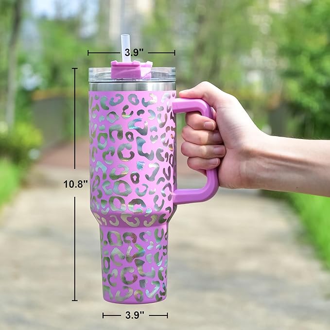 40 oz Tumbler with Handle and Straw, 100% Leak-Proof Travel Mug, Stainless Steel Double Wall Vacuum Insulated Coffee Cup Keeps Cold For 34 Hours, Cheetah