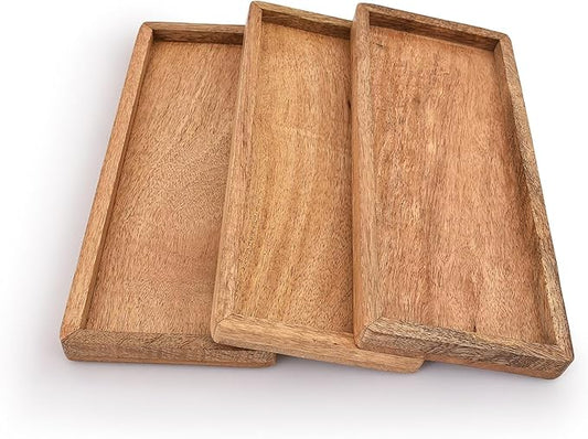 Samhita Mango Wood Serving Platter with Raised Edge -Set of 3 for Display Fruit Snacks Appetizer Sushi Food Decorative (12" x 5" x 0.75")