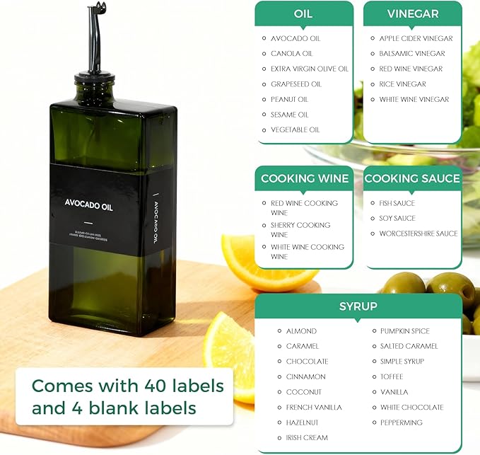 Olive Oil Dispenser Bottle For Kitchen, 17OZ UV-Blocking Oil And Vinegar Dispenser Set Of 4, Soy Sauce Cooking Oil Dispenser with 4 Stainless Steel Pourers & 44 Labels