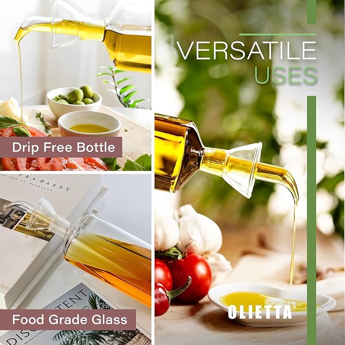 Olietta Olive Oil Dispenser Bottle Borosilicate Glass - 4.2 oz 125ml Non Drip Dispenser - Leak Proof Pourer Vinegar Drizzler Cruet - Easy Clean Drip Free Bottles for Kitchen