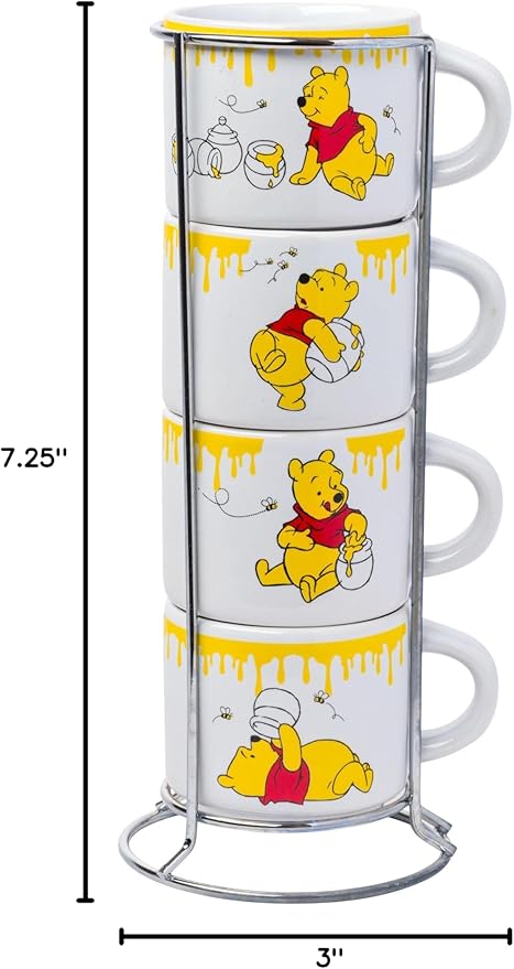 Silver Buffalo Disney Winnie the Pooh Honey "Hunny" Drips 4pc Stackable Ceramic Espresso Small Cup Set, 3 Ounces