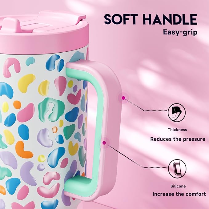 Meoky 32 oz Tumbler with Handle and Flip Straw, 100% Leakproof Tumbler with Lid and Straw, Stainless Steel Insulated Cup, Cupholder Friendly, Keeps Cold for 24 Hours (Leopard)