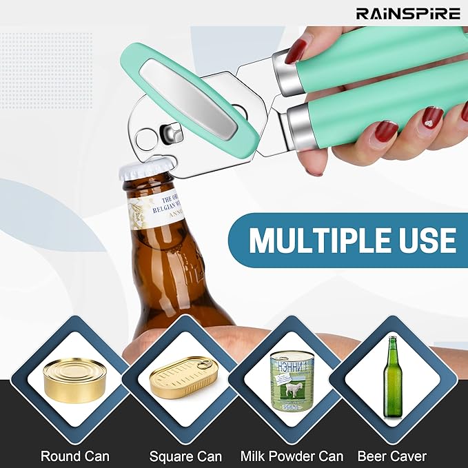 Rainspire Can Opener Manual Handheld Strong Manual Can Opener Smooth Edge Cut, Can Opener Heavy Duty, Comfortable Soft Handle, Built-in Bottle Opener, Mint Green