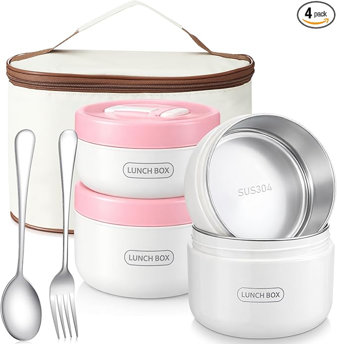 Dandat 4 Pcs Insulated Bento Box Portable Stainless Steel Food Container Round Stackable Leakproof Thermal Food Container for Adult Men Women with Insulated Bag, 74 oz (Pink)