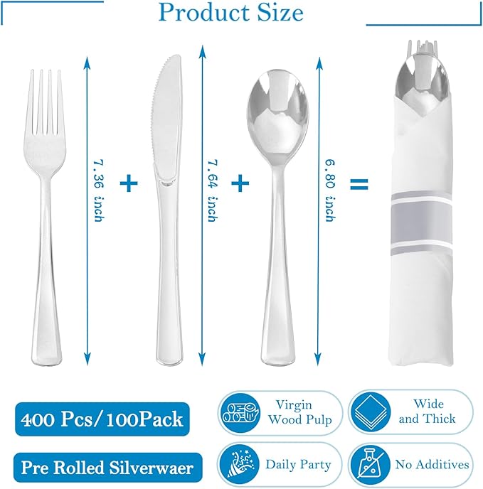 Supernal 100 Pack Silver Plastic Silverware Pre Rolled Silverware Set Disposable Cutlery Set Includes 100 Forks,100 Spoons,100 Knives and 100 Napkins,Plastic Utensils for Party,Wedding,Birthday