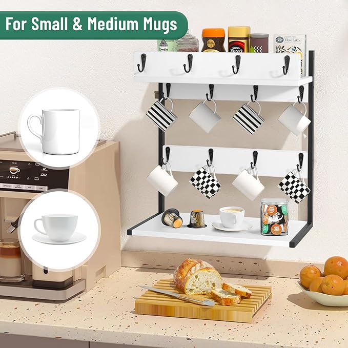 Coffee Mug Rack Holder Wall Mount – 2 Tier Mug Rack Stand with Storage Base for 12 Cups for Kitchen, Dining Room Counter Organizer, Coffee Bar Decor Accessories