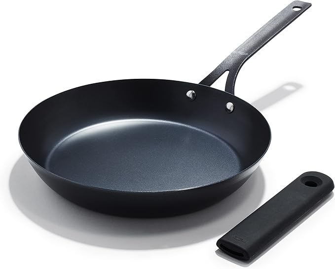 OXO Obsidian Pre-Seasoned Carbon Steel, 12" Frying Pan Skillet with Removable Silicone Handle Holder, Induction, Oven Safe, Black