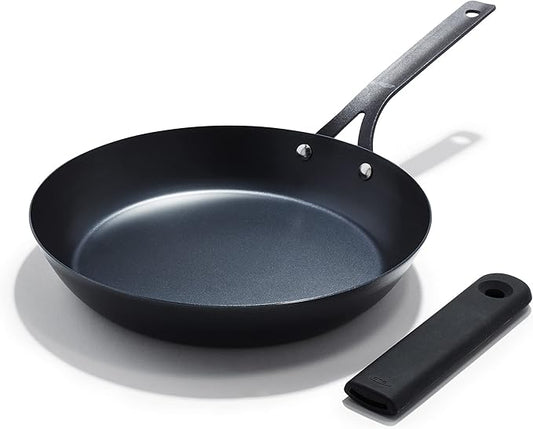 OXO Obsidian Pre-Seasoned Carbon Steel, 12" Frying Pan Skillet with Removable Silicone Handle Holder, Induction, Oven Safe, Black