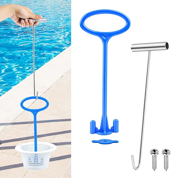 Skimmer Basket Handle, Universal Swimming Pool Skimmer Basket Handle Hook Pool Filter Basket Handle Fit All Inground Pool for Debris Removal Keep Hands Safe and Clean