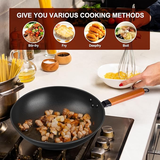 13" Nonstick Wok - Wok Pan with Lid, Carbon Steel Woks & Stir-Fry Pans: Flat Bottom Chinese woks for Electric, Induction, Gas, All Stoves