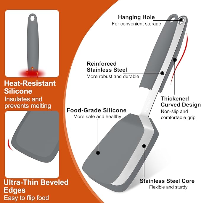 Silicone Spatula, 13 x 3.2 In, 600°F Heat Resistant Kitchen Spatula, BPA Free, Flexible Turner For Non Stick Frying Pan, Cooking, Flipping Egg and Pancake, Dishwasher Safe (Gray)