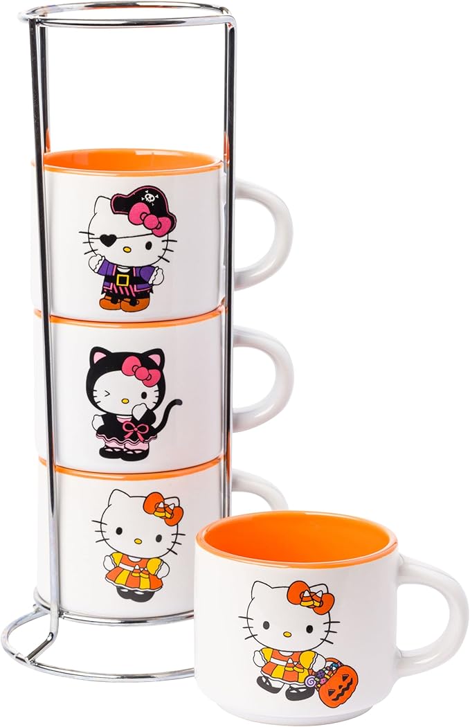 Silver Buffalo Sanrio Hello Kitty Halloween Themed 4 pack Ceramic Espresso Set with Storage Rack, 3 Ounces