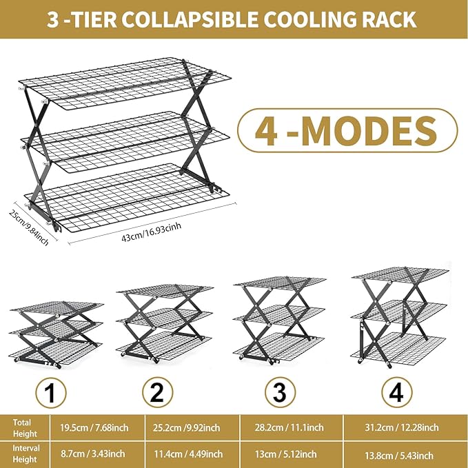 3-Tier Stackable Cooling Rack for Baking, Collapsible Wire Cookie Rack with Adjustable Heights, Non-Stick Roasting & Drying Rack for Cupcakes, Pies and Pastries, Space-Saving Kitchen Essential