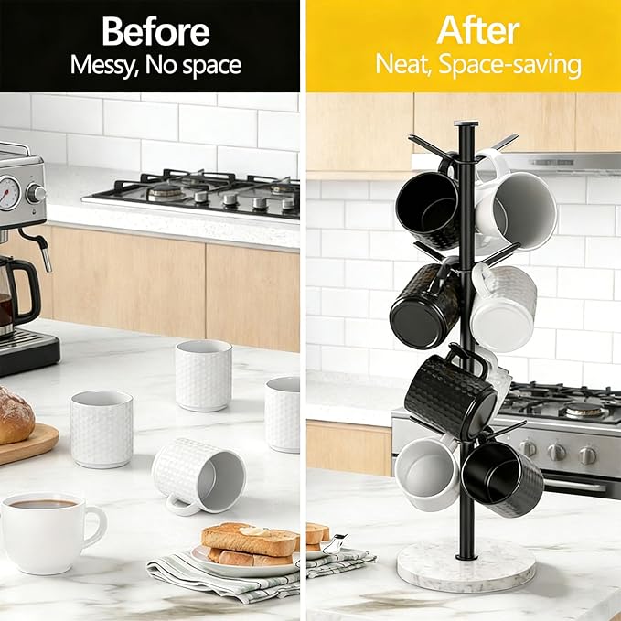 Marble Mug Holder Tree, 8 Hooks Coffee Cups Stand, New Upgraded Stable Mug Stand for Kitchen Counter Cabinet Cafe Black