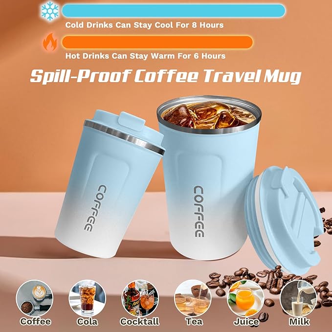 Travel Coffee Mug Leak-Proof, Reusable Coffee Cups with Lids, Stainless Steel Vacuum Insulated Coffee Tumblers, Thermal Insulation Cup for Men and Women Hot & Cold Drinks(2nd-Blue White, 17OZ)