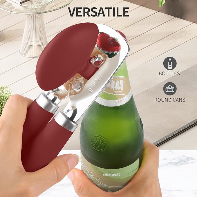 Can Opener Manual, Heavy Duty Stainless Steel Smooth Edge Can Openers With Soft Touch Handle, Oversized Handheld Easy Turn Knob, Multi-Function Bottle Opener, Red