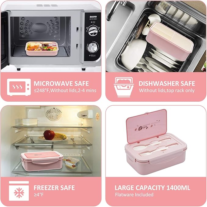 LOVINA Bento Boxes for Adults - 1100 ML Bento Lunch Box For Kids Childrens With Spoon & Fork - Durable for On-the-Go Meal, BPA-Free and Food-Safe Materials, Pink