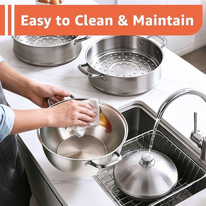 LOLYKITCH 8QT Stainless Steel Steamer Pot - 3 Tier Steamer for Cooking Dumplings & Veggies, 12 Inch Large Induction Stock Pot for All Stovetops, Heavy Duty