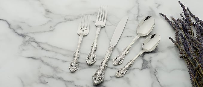 Oneida Silverware Set For 4, Michelangelo 20-Piece Fine Flatware Set, Service For 4, Heavyweight 18/10 Stainless Steel, Mirror Finish, Dishwasher Safe, Knives Spoons & Forks Sets (Silver, 20 Piece)