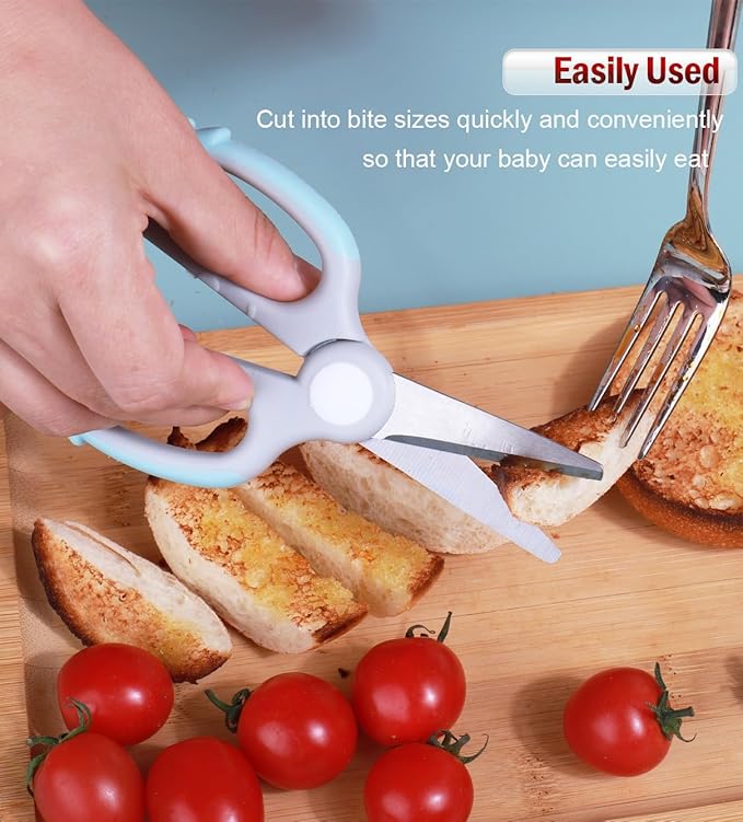 Baby Food Scissors Kicthen Shears - Healthy Portable Cute Kitchen Scissors with Dust Cover and Storage Travel Case - Ideal for Cutting Meat, Chicken, Vegetables, Fruits(Bee Blue+Panda Pink)