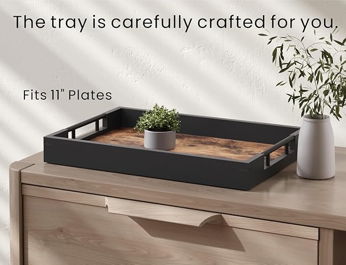 Wooden Serving Tray with Metal Handles,17x12in Ottoman Decorative Trays Platter for Coffee Table,Living Room,Bar,Party,Large