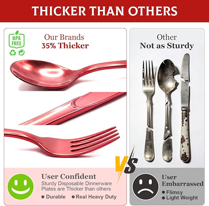 153 Pack Red Plastic Silverware - Heavy Duty Plastic Silverware Set - 51 Forks, 51 Knives, 51 Spoons Plastic Cutlery Disposable utensils for Valentine's Day Holiday Party Weddings Daily Use