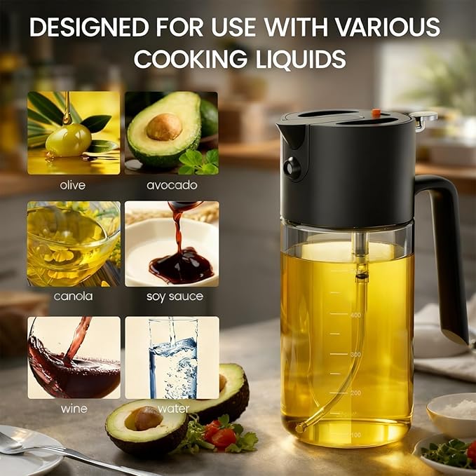 Professional 500ml Glass Oil Sprayer - 3-in-1 Kitchen Tool: Fine Mist, Stream & Pour | Leak-Proof Design for Air Fryer, BBQ & Cooking | BPA-Free