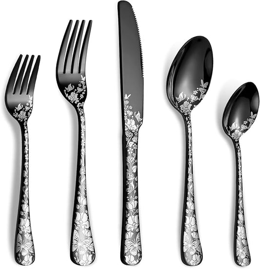 40 Piece Black Silverware Set, Stainless Steel Flatware Cutlery Set Service for 8, Mirror Polished Tableware Eating Utensils Set for Home Kitchen, Include Knife Fork Spoon Set, Dishwasher Safe