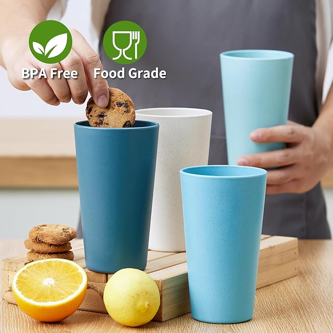 Wheat Straw Cups Set of 8, 20 oz Unbreakable Drinking, Chip Resistant, Reusable Water Set, Large for Kitchen, Camping, BPA Free Cups, Dishwasher & Microwave Safe Tumbler