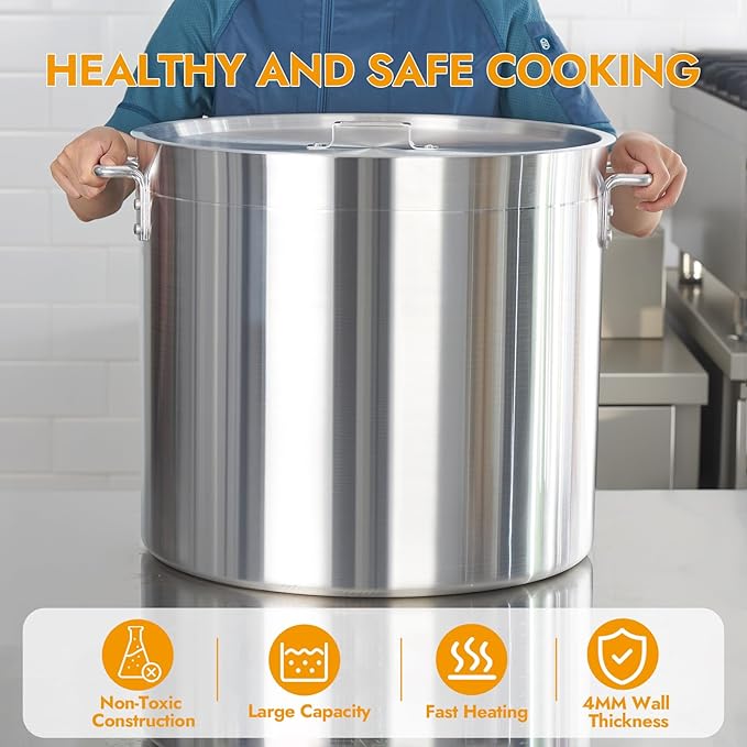 CURTA 80 Quart Aluminum Stock Pot with Lid, Heavy Duty Commercial Grade Large Capacity Cooking Pot for Boiling, Stewing, Great for Kitchen, Restaurant, Catering, and Home Use,NSF certified