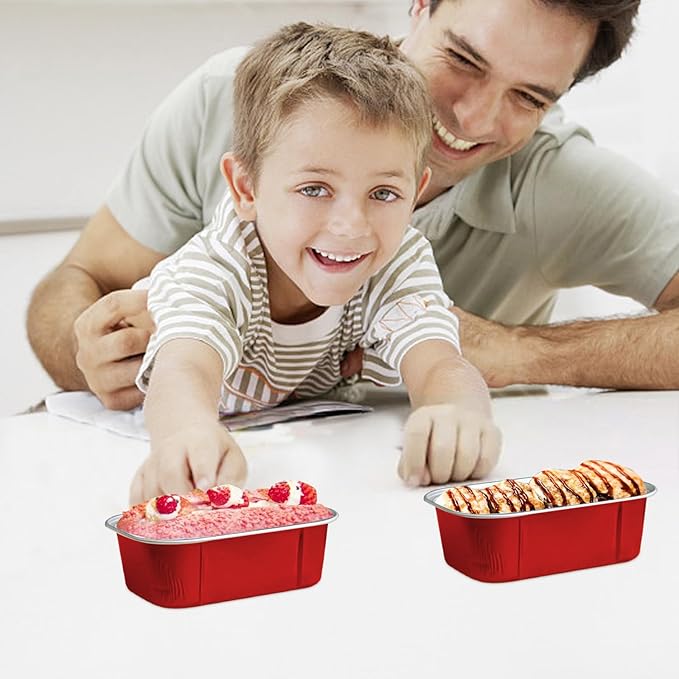 Mini Cake Pans With Lids And Spoons,5.5 oz Rectangle Mini individual Loaf Pans Disposable Aluminum Foil Small Baking Cups Tins (200, Red)