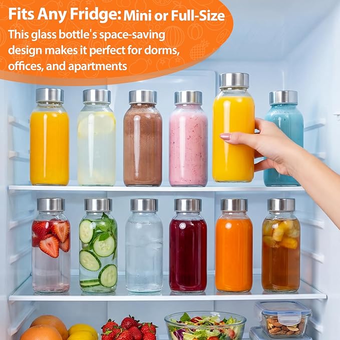 8 oz Glass Water Bottles with Lids, 8 Pack Small Glass Juice Bottles with Stainless Steel Caps & Funnel, Leak-Proof Containers for Juicing, Milk, Ginger Shots, Smoothies, Wellness Drinks