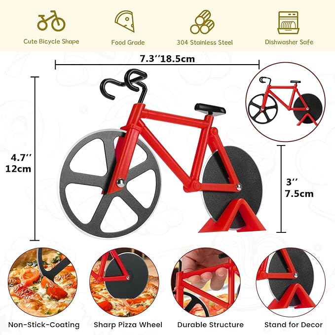 Bicycle Pizza Cutter Wheel - Gifts for Cyclists, Men, Dad, Bike Lovers - Funny Kitchen Gadgets - Cool Father’s Day, Christmas, Birthday, White Elephant Gifts - Stainless Steel Pizza Slicer(Red)