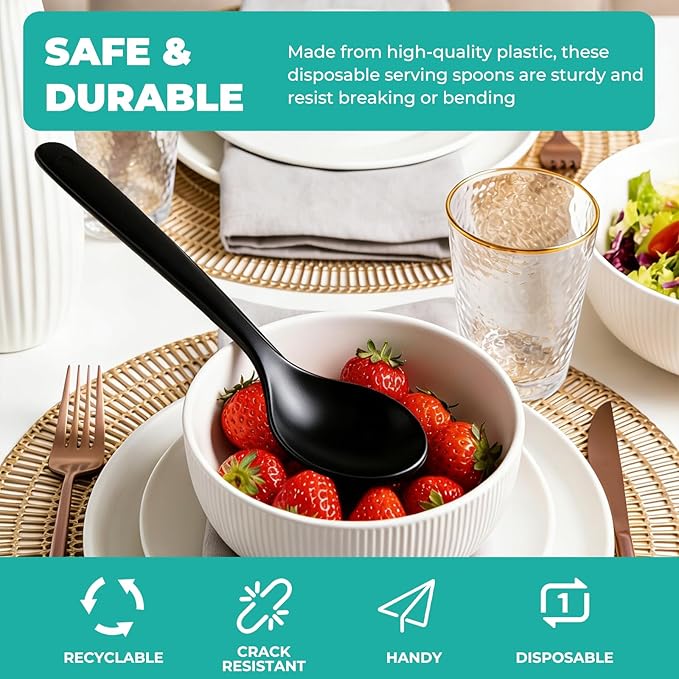 CXPSINC 12 Count Black Plastic Serving Spoons, 10" Disposable Heavy Duty Plastic Serving Utensils for Catering Weddings Parties Buffets Events and Stock Your Home (Black, 12PCS Spoons)