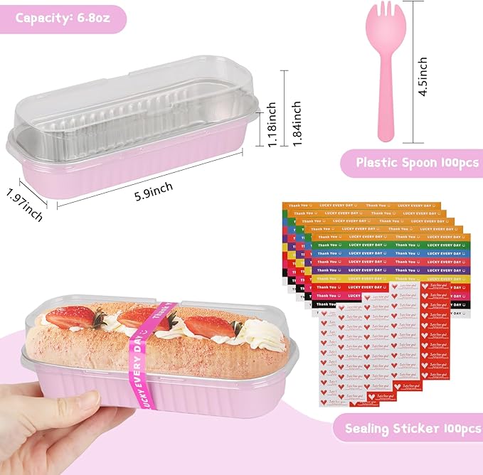 200 Pack Mini Loaf Pans Mini Cake Pans with Lids and Spoons Sealing Sticker, 6.8oz Rectangle Aluminum Foil Baking Pans Disposable Loaf Cake Pan for Baking (Pink)