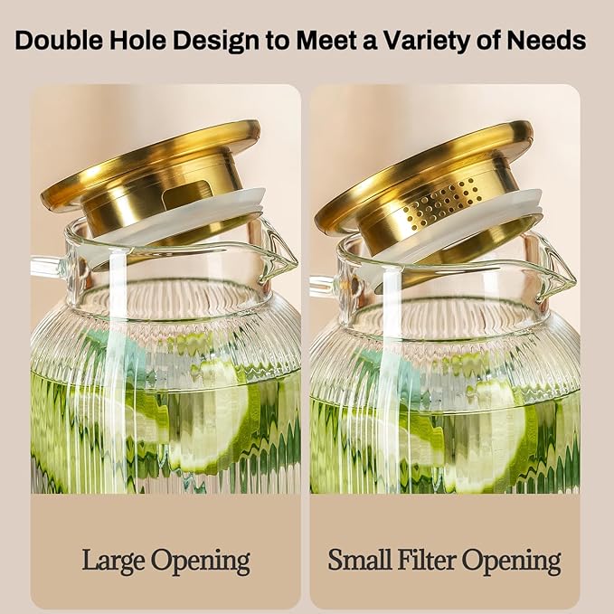 2 PACK Glass Pitcher with Lid, 68 oz/ 2 Liter Classic Vertical Stripes Water Pitcher with Silicone Base, Glass Water Carafe for Cold Brew, Coffee, Lemonade, Iced Sun Tea,Beverage,Heat Resistant