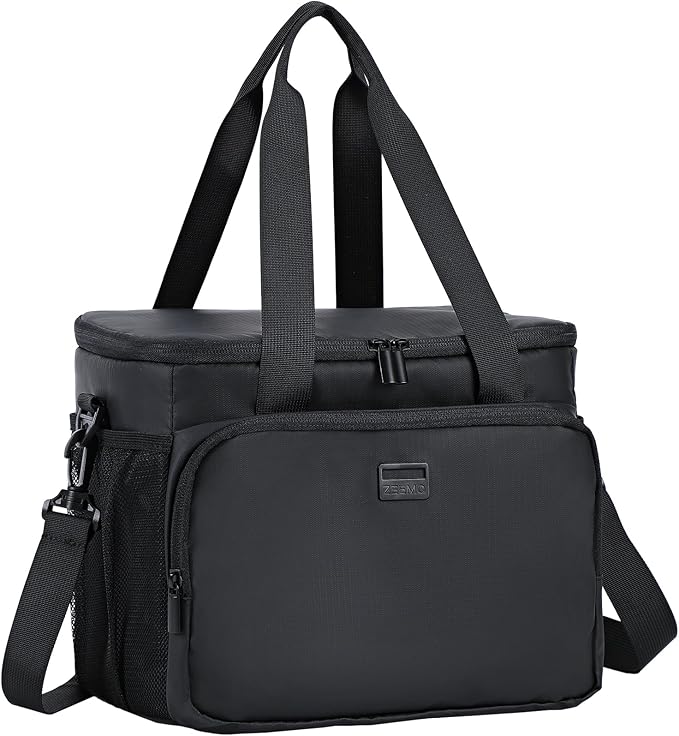 ZEEMO Insulated Lunch Bag for Men Women, Cooler with Adjustable Shoulder Strap, Leakproof Box for Work, Picnic, Large Size, Black