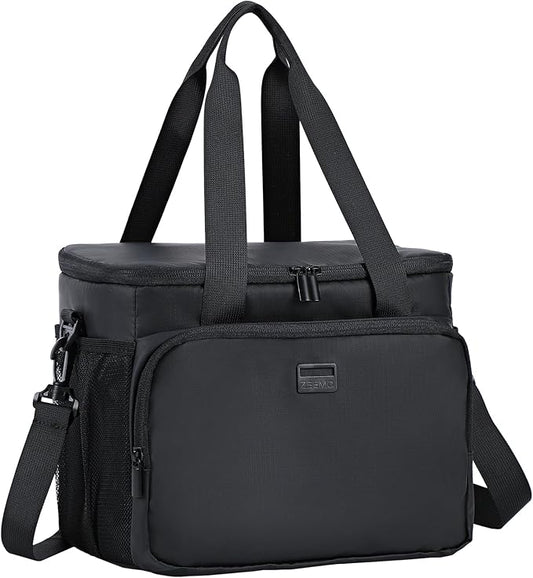 ZEEMO Insulated Lunch Bag for Men Women, Cooler with Adjustable Shoulder Strap, Leakproof Box for Work, Picnic, Large Size, Black