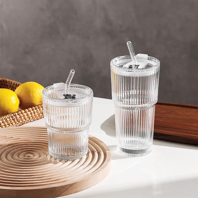 Ribbed Drinking Glasses with Lids & Straws, Leak-Proof 20oz and 15oz Glass Cups, 4PCS Glass Tumblers, Ideal for Home, Office, Outdoor Use