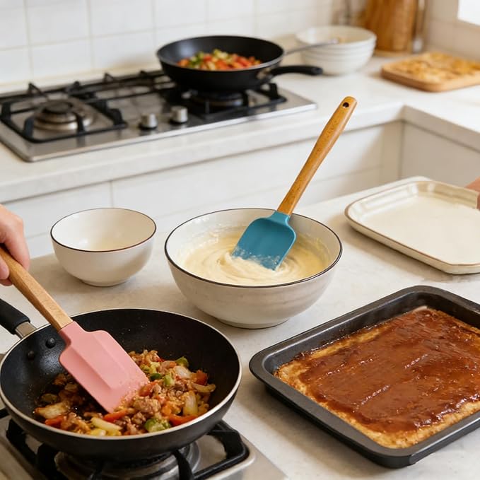 Silicone Spatula Set 3-Piece with Wooden Handles, Heat-Resistant for Mixing, Scraping, Cooking, Baking, Coral Pink, Royal blue, Cream