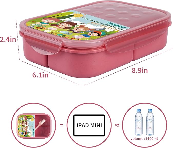Wheat Straw Lunch Box, Leakproof 3-Compartment Bento Box for Kids & Adults, BPA-Free, Microwave & Dishwasher Safe, 5.5 Cup/1400 ml, Dusty Rose