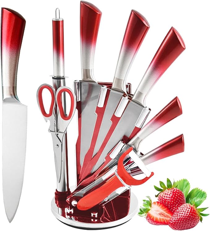 Red Professional 9-Piece Kitchen Knife Set with Acrylic Block, Non-Stick Sharp Stainless Steel Chef Knives, Sharpener