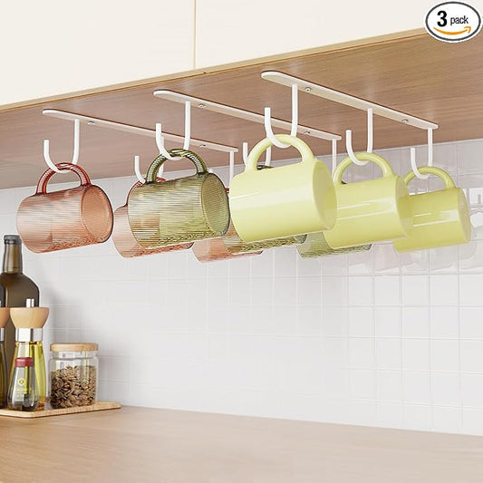 3 Pack Mug Hooks Under Cabinet, Coffee Mug Holder for Hanging Under Shelf, Cup Hanger with 9 Hooks for Displaying Mugs, Coffee Cups and Kitchen Utensils, White