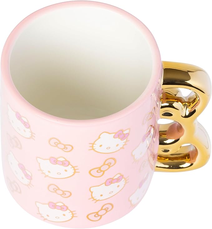 Silver Buffalo Sanrio Hello Kitty Pink and Gold Chrome Ceramic Mug with Bow 3D Sculpted Handle, 20 Ounces