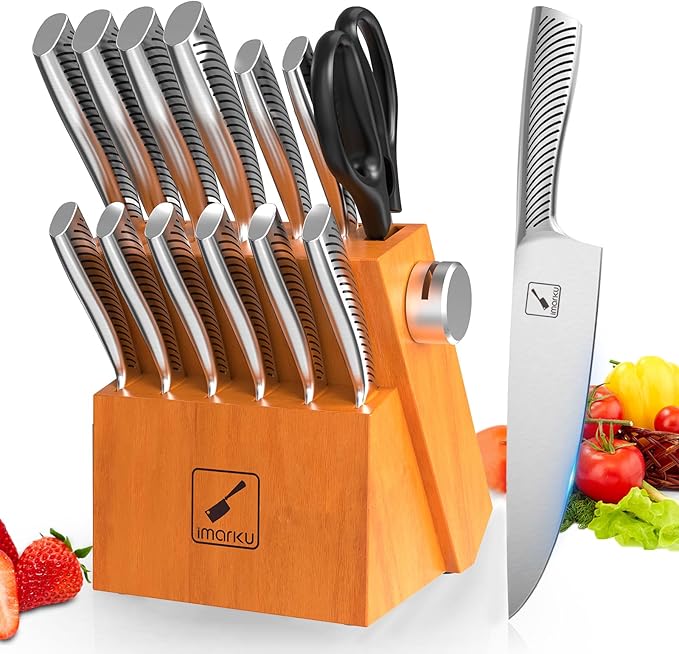 imarku Knife Set, 14 Piece Premium Kitchen Knife Block Set, Razor Sharp Japanese Chef Knives Set for Kitchen with Built-in Sharpener, Dishwasher Safe & Quality Acacia Wood Block, Gift for Women