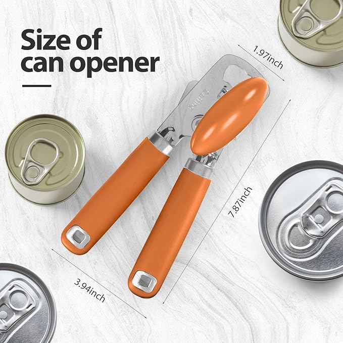 Can Opener Manual, Heavy Duty Stainless Steel Smooth Edge Can Opener With Soft Touch Handle, Oversized Handheld Easy Turn Knob, Multi-Function Bottle Opener, Orange