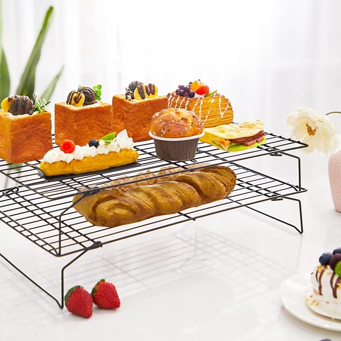 meekoo 2 Pack 4 Tier Cooling Rack Stackable Collapsible Folding Legs Stainless Steel Wire Rack for Baking Cooking Drying Roasting Cookies Bread Meat Oven Use, 16 x 10 Inch