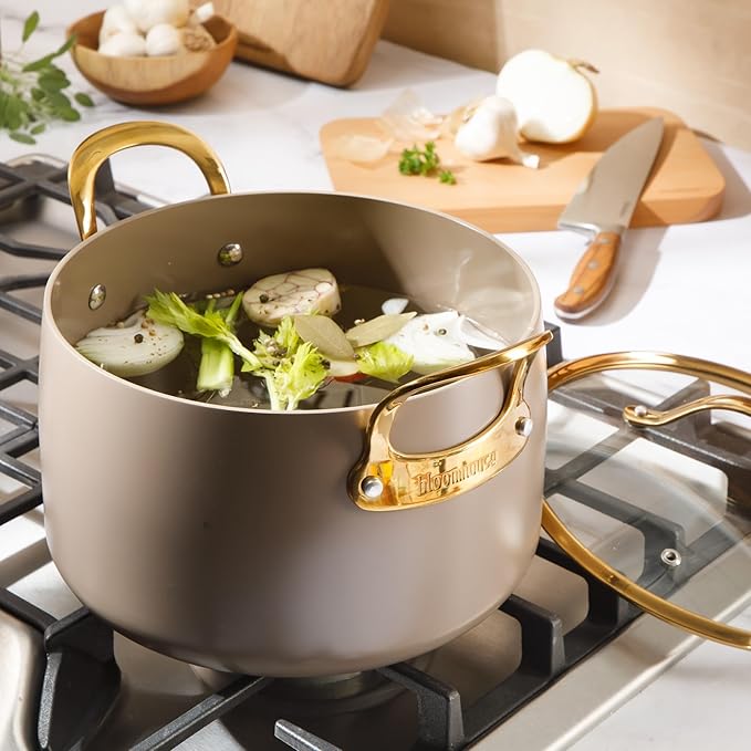 Bloomhouse - Two Time Oprah's Favorite Things Winner - 8 Quart Stock Pot w/Lid – PFAS-Free Ceramic Nonstick Dutch Oven Heavy Duty Aluminum Oven Safe Dishwasher Safe Cappuccino Cream w/Gold Handles