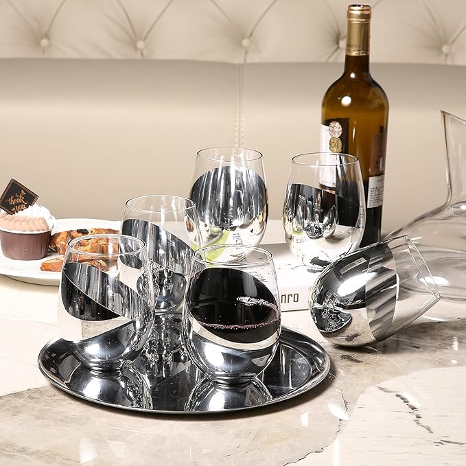 MyGift Modern Stemless Wine Glass Set of 6, White or Red Wine Glasses with Silver Metallic Bottom Angled Design